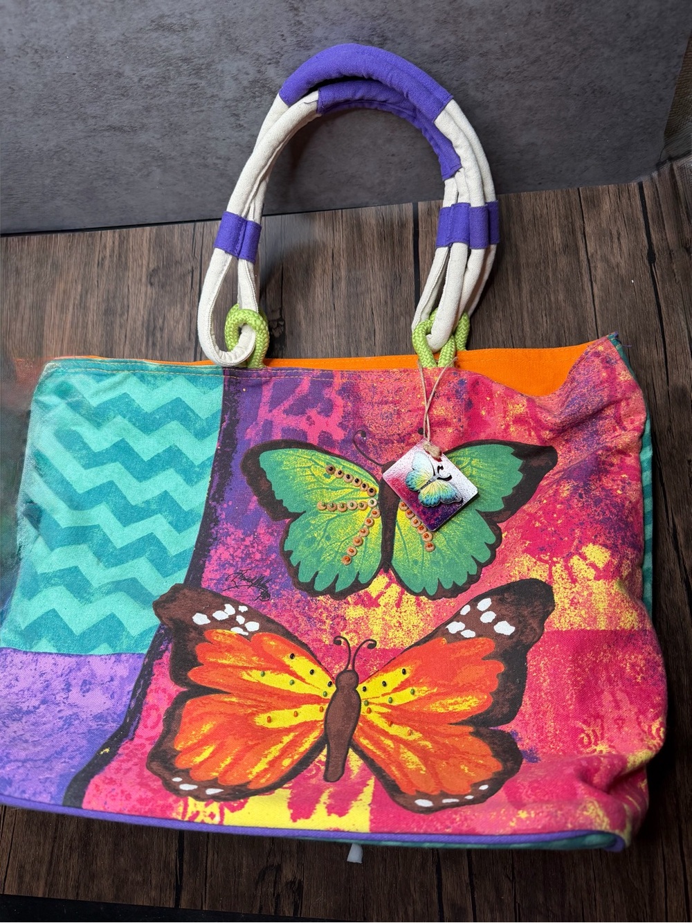 Sun n Sand Women’s Colorful Butterfly Tote Bag beach bag - Purple & Orange